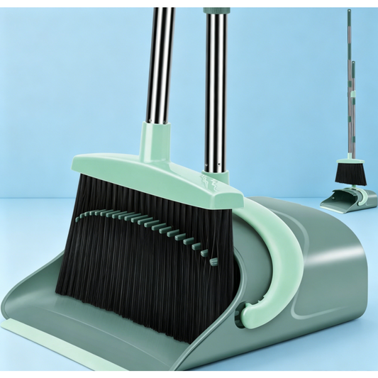 Upgraded broom and dustpan set, large size, long handle, upright.