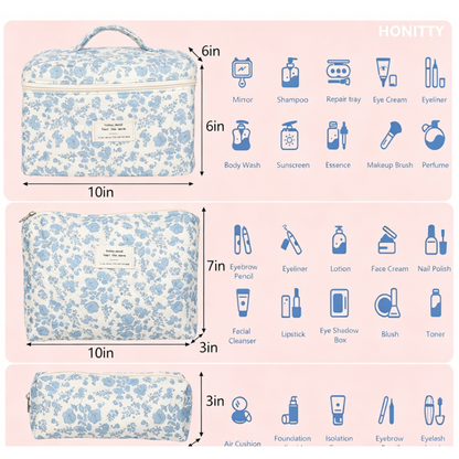 Makeup bag, quilted makeup bag, large floral makeup bag for women, cotton makeup bag set, floral travel toiletry bag