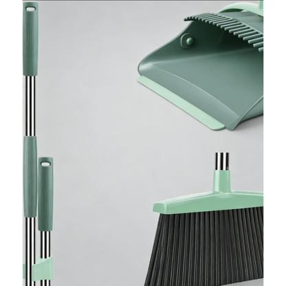 Upgraded broom and dustpan set, large size, long handle, upright.