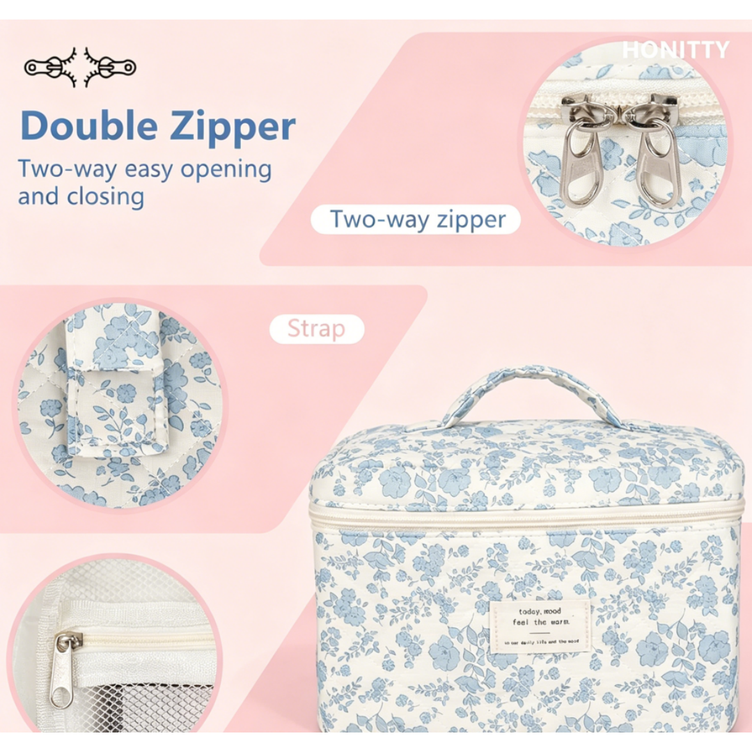 Makeup bag, quilted makeup bag, large floral makeup bag for women, cotton makeup bag set, floral travel toiletry bag