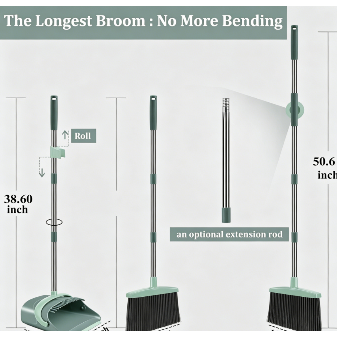 Upgraded broom and dustpan set, large size, long handle, upright.