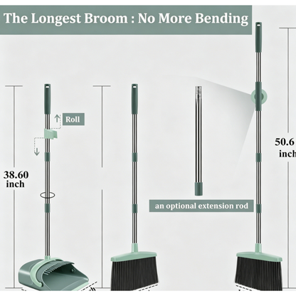 Upgraded broom and dustpan set, large size, long handle, upright.