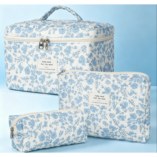 Makeup bag, quilted makeup bag, large floral makeup bag for women, cotton makeup bag set, floral travel toiletry bag